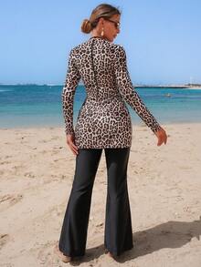 SHEIN Swim 女款海灘度假豹紋側開衩長袖長褲時尚布基尼套裝 米色黑色 夏季端莊 - 彩色 - 查看 2
