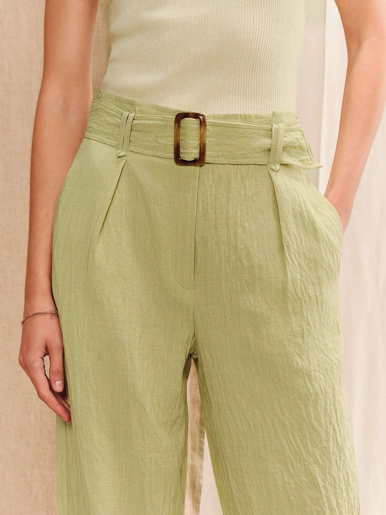 Green High-Waisted Wide-Leg Pants With Belt And Buckle Summer Cute Business Casual Pants