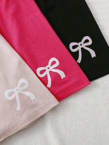 3 PiecesBig Girls Tween Girl Casual Summer Pajama Shorts Featuring Magenta Light Pink And Black Colors With A Delicate Bow Graphic Print On The Leg. These Comfortable Homewear Bottoms Are Crafted From A Soft Knit Fabric Providing A Smooth And Lightweight Feel For Stylish Daily Relaxing Or Cozy Nightwear. - Multicolor - View 8