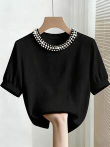 Franclia Minimalist Elegant Round Neck Beaded Ribbed Women's T-Shirt Date Night Black Summer - Black - View 1