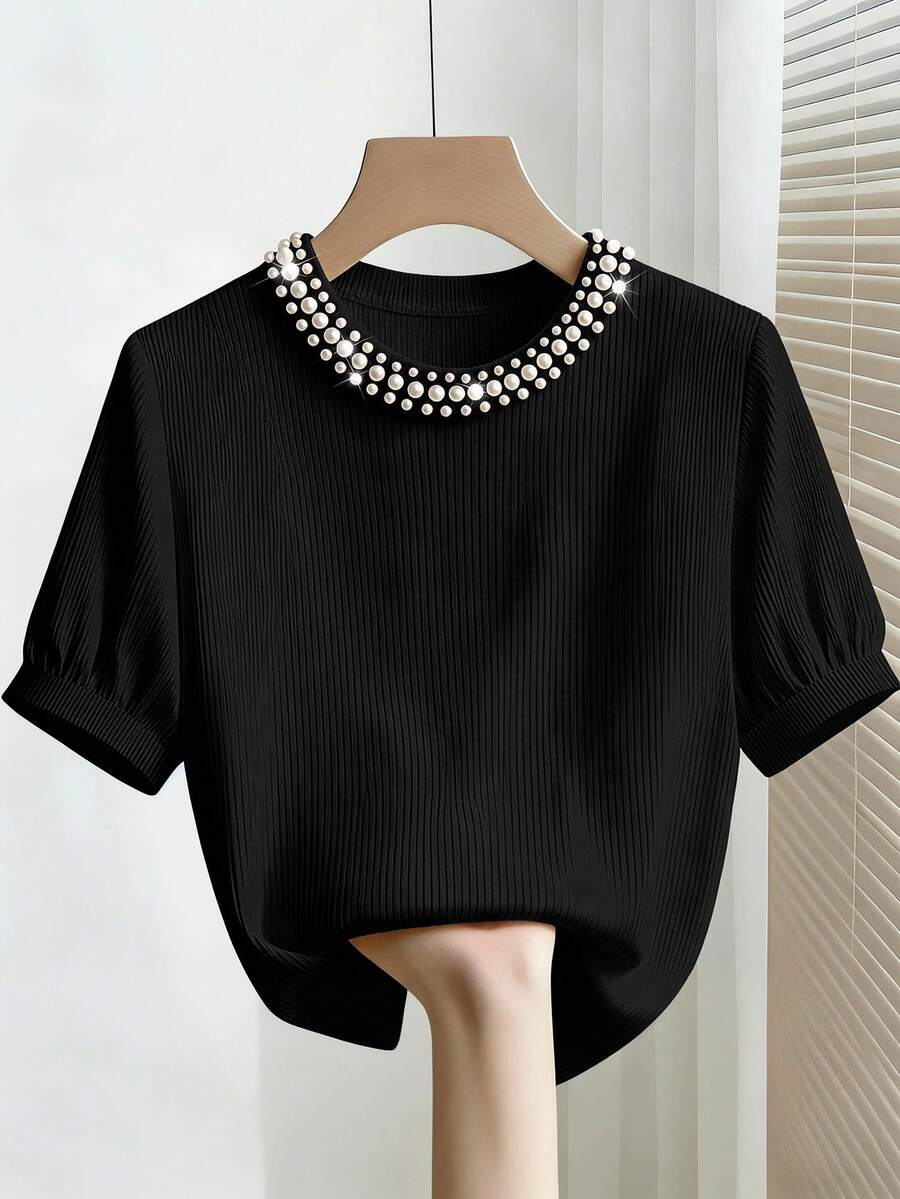 Franclia Minimalist Elegant Round Neck Beaded Ribbed Women's T-Shirt Date Night Black Summer - Black - View 1