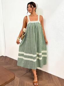 Lounesse Plus Size Vacation Casual Striped Lace Trim Cami Dress Casual Vacation Going Out Set For Women Casual Green Dress For Women - Multicolor - View 1