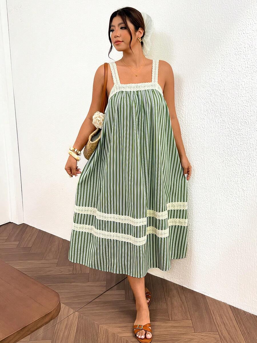 Lounesse Plus Size Vacation Casual Striped Lace Trim Cami Dress Casual Vacation Going Out Set For Women Casual Green Dress For Women - Multicolor - View 1