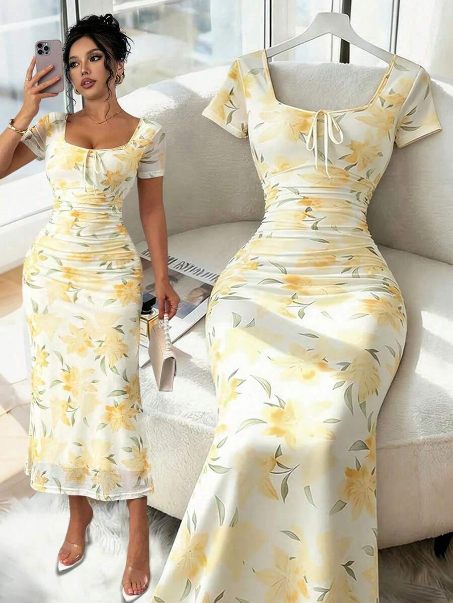 SHEIN Clasi Women's Spring/Summer Elegant Romantic Butter Yellow Floral Square Neck Waist-Defining Ruched Short Sleeve Slimming Mesh Plus Size Dress Brunch - Multicolor - View 1