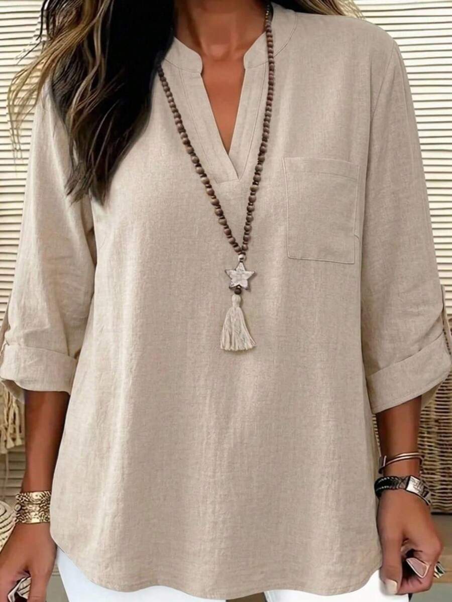 SHEIN CURVE+ Áo sơ mi đen tay xắn cổ tay cho người size lớn, thanh lịch, đi nghỉ, cơ bản - Màu be - Xem 1