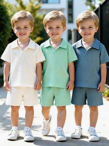 SHEIN 幼童男孩 6 件組紋理 Polo 領上衣褲子套裝 初秋返校休閒童裝穿搭 - 彩色 - 查看 7