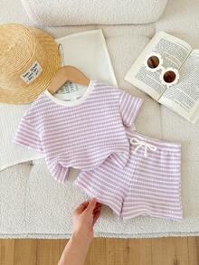 LMoss Kids Set 2 Potong Baju dan Celana Pendek Rajut Bergaris Leher Bulat untuk Bayi Perempuan - Mauve Purple - View 6