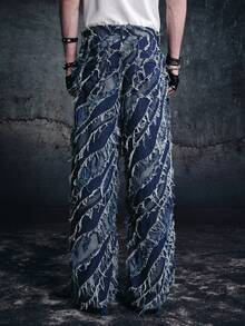 Vyqestra Manfinity Streetrush Men's Pocket Frayed Hem Casual Wide Leg Jeans Baggy Jeans Y2k Harajuku Pants Jnco Jeans Men Frayed Jeans Y2K Punk Acid Washed Blue For Baggy Street - Dark Wash - View 2