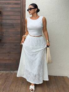 Dazy Plus Women's 2pcs White Plus Size Vacation Casual Set, Round Neck Lace Sleeveless Top & Elastic Waist Long Skirt Summer - White - View 6