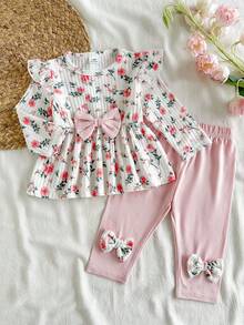 SHEIN Vintaside Kids 新生兒長袖露肩圓領清新時尚簡約數位印花上衣搭配百搭休閒粉色長褲套裝，適合日常休閒、幼兒園、學校、朋友聚會、露營、野餐及其他活動 - 淺粉色 - 查看 4