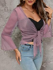 SHEIN Clasi 女款透視繫帶前襟荷葉邊袖短版外套 - 淺灰紫 - 查看 6