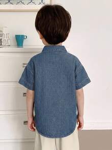 DAZY Turndown Collar Short Sleeve Loose Casual Outerwear Denim Shirt For Young Boys Summer - Dark Wash - View 5