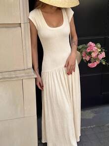 Firerie Abito lungo estivo da donna minimalista ed elegante, casual da pendolarismo quotidiano, vestibilità aderente, in maglia testurizzata color albicocca, maniche a cappuccio, scollo quadrato e rotondo, vita bassa con design vita stretta, linea ad A, effetto snellente, outfit da insegnante, abito per vacanze estive e spiaggia - Albicocca - Visualizzare 5
