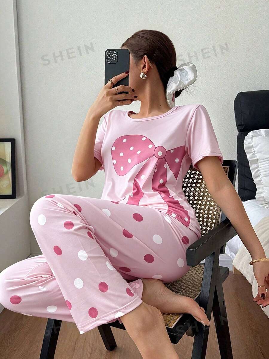 Dream Adore 大蝴蝶結波點印花短袖長褲女款睡衣套裝 - 彩色 - 查看 1