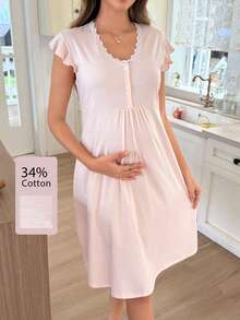 Moonlight&Mama Đầm bầu cotton thoải mái dáng dài vừa, cổ chữ V, cài nút, tay bèo, họa tiết hoa - Hồng - Xem 1