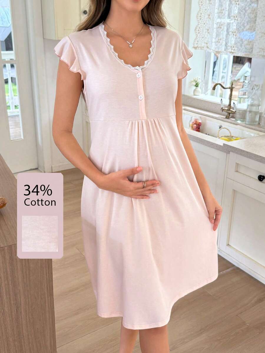 Moonlight&Mama Đầm bầu cotton thoải mái dáng dài vừa, cổ chữ V, cài nút, tay bèo, họa tiết hoa - Hồng - Xem 1