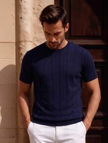 Officeau Men's Solid Color Short Sleeve Knit Vertical Striped Crew Neck Top - Navy Blue - View 7