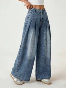 SHEIN PETITE Pantalon en jean à taille haute et jambes larges pour femmes PETITE, pantalon décontracté pour tous les jours & streetwear d'été pour femmes - Jean bleu - Voir 9