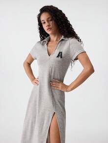 Loungeista 女式 V 领不对称分线纽扣装饰针织短袖休闲家居服连衣裙 - 杏色 - 查看 5