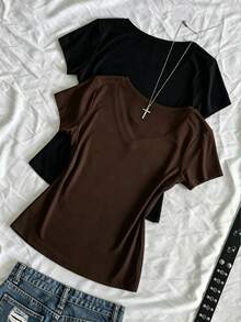 Flirla Plus Size V-Neck Short Sleeve Fitted Cinched Waist T-Shirt - Brown - View 2