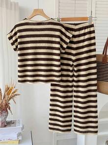 SHEIN Tween Girl Knit Loose Casual Simple Comfortable Crew Neck Short Sleeve Striped T-Shirt And Long Pants 2pcs Set - Black and White - View 2