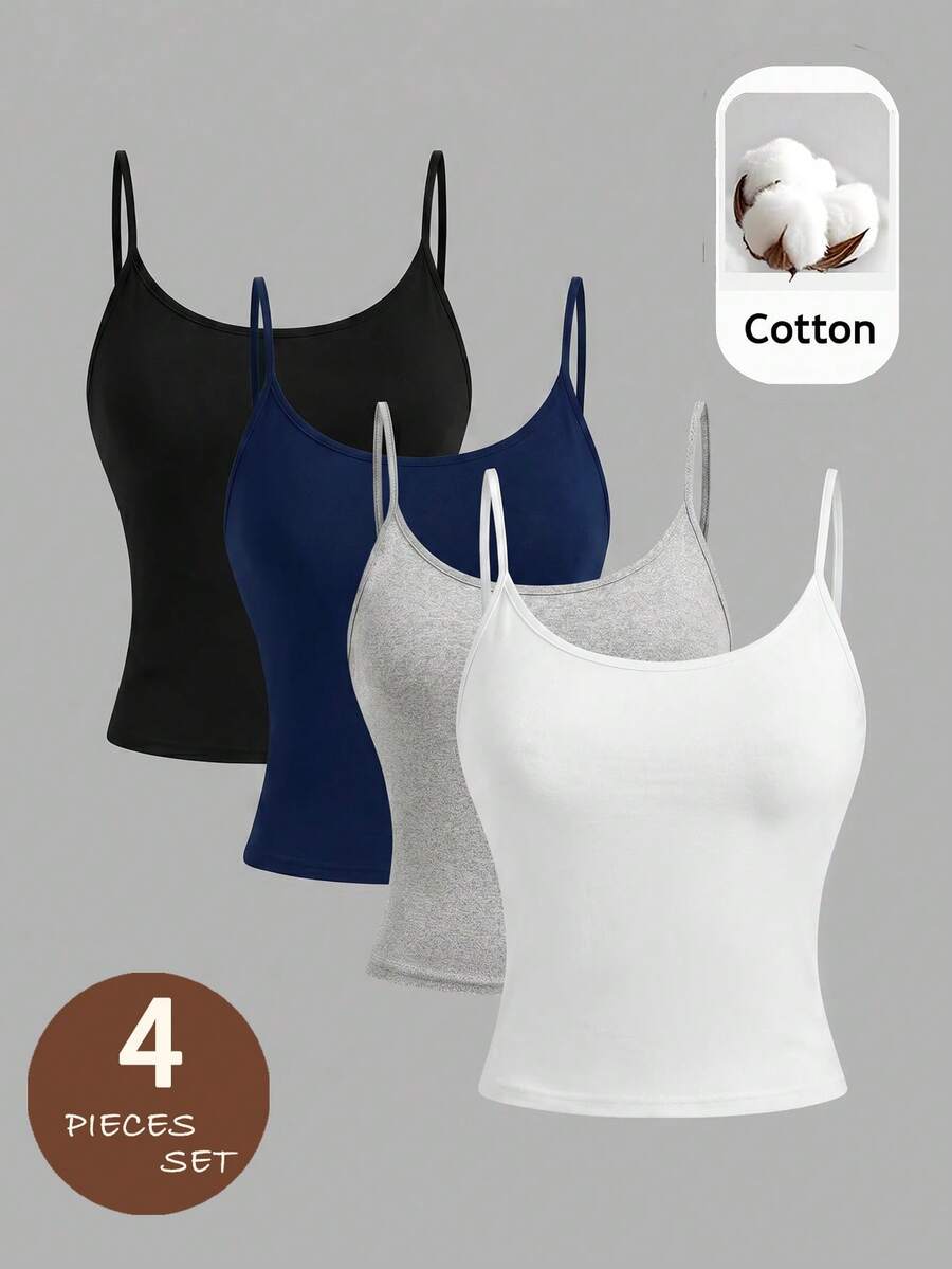 SHEIN Girlism Set de 4 piezas de camisolas de punto de unicolor para adolescentes, adecuado para primavera, verano, otoño e invierno - Multicolor - Ver 1