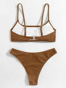 Swim Mod Summerbeach Women's Solid Color Camisole Crop Top And Bottom Bikini Set - Coffee Brown - View 2