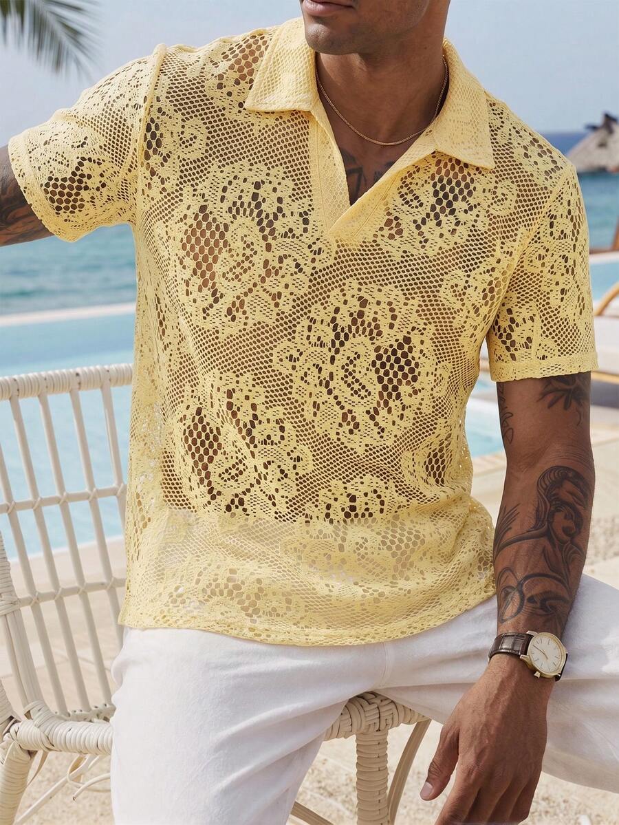 VENTUSAIL 男士休閒復古度假風寬鬆短袖 Polo 衫,日常外出與度假必備,適合送給家人朋友的節日禮物 - 黃色 - 查看 1