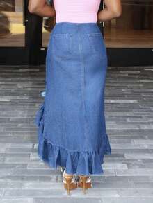 Steph T Fashionable Casual Tie-Up Bow Ruffle Hem Denim Mini Skirt - Dark Wash - View 2