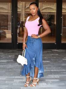 Steph T Fashionable Casual Tie-Up Bow Ruffle Hem Denim Mini Skirt - Dark Wash - View 4