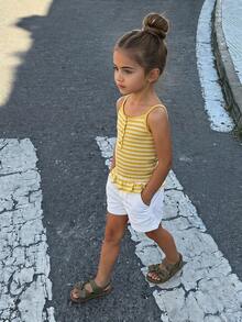 Hapijoa Young Girls' Cute Playful Striped Pleated Camisole Tank Top Summer - Yellow - View 3