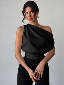 Firerie Women's Elegant Sexy Asymmetric Neck Top, Suitable For Valentine's Day And Summer Wear, New Arrival For Spring/Summer, Commute Going Out, Office - Black - View 3