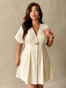 Auralis Off-Shoulder Short-Sleeved Plus-Size A-Line Skirt With Front Metal Buckle Embellishment / Elegant And Romantic Work Dress / Vacation/ Wedding Guest - Apricot - View 5