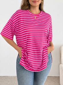 Shapeblank Plus-Size Women's Spring/Summer Fashionable Casual Loose Comfortable Everyday Basic Versatile Black And White Striped Short-Sleeved Super Loose T-Shirt,Summer Outfits,Oversize Tops,Simple Style,Work Tops - Hot Pink - View 5