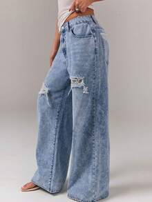 Athîral Denim 女款口袋磨損寬腿寬鬆休閒牛仔長褲 - 淺色水洗藍 - 查看 1