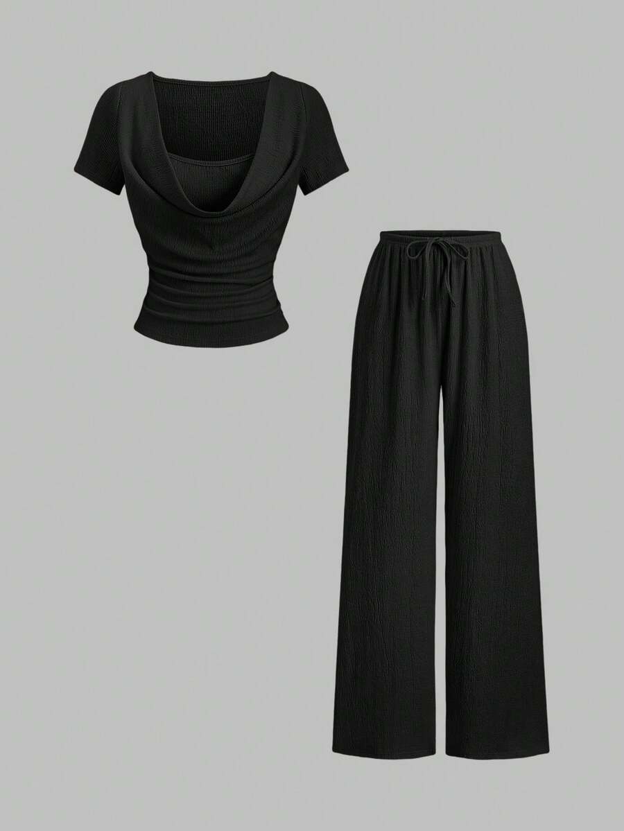 Sweetra Desain 2-in-1 Kaos Kerah Bergelombang Romantis Prancis dengan Detail Lipit, Dipadukan dengan Celana Panjang Lurus Bertali Serut, Setelan Kasual Chic untuk Wanita, Musim Semi/Panas - Hitam - View 1