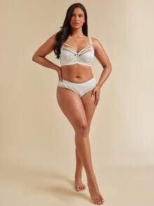 SHEIN BAE CURVE 1 件加大码优雅提花对比网眼钢圈文胸交叉文胸可爱文胸，提升 - 白色 - 查看 3