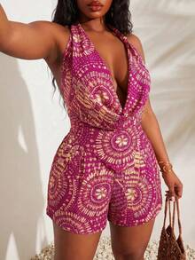 SHEIN SXY Plus-Size Rose Red Full Print Sleeveless Halter Neck Backless Top And Elastic Waistband Loose Shorts With Pockets - Hot Pink - View 7