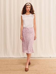 lacRébo Falda midi de rayas lilas con estampado floral y delicado lazo en la cintura, falda casual de negocios para vacaciones de verano - Lila Púrpura - Ver 1