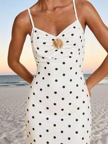 Travachic Women's Summer Fashion Vacation Style White With Black Polka Dots Floral Print Metal Decor Ruched Maxi Slip Dress Vacation French Tropical - White - View 6
