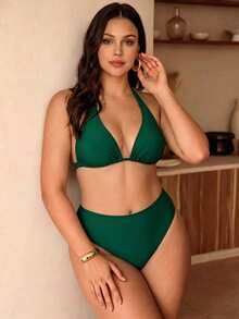 Swim Chiccia 大尺碼女款純黑色 2026 新款熱銷時尚度假日常簡約休閒修身掛脖綁帶抽繩蝴蝶結性感比基尼泳裝上衣 - 綠色 - 查看 3