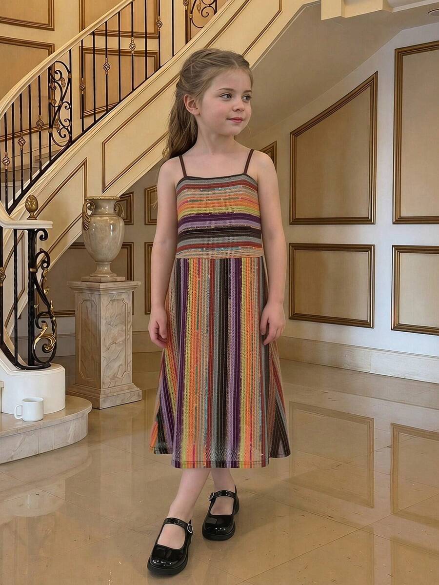 Dazy Kids Young Girl Summer Beach Vacation Style Patchwork Crochet Striped Print Cami Dress - Khaki - View 1