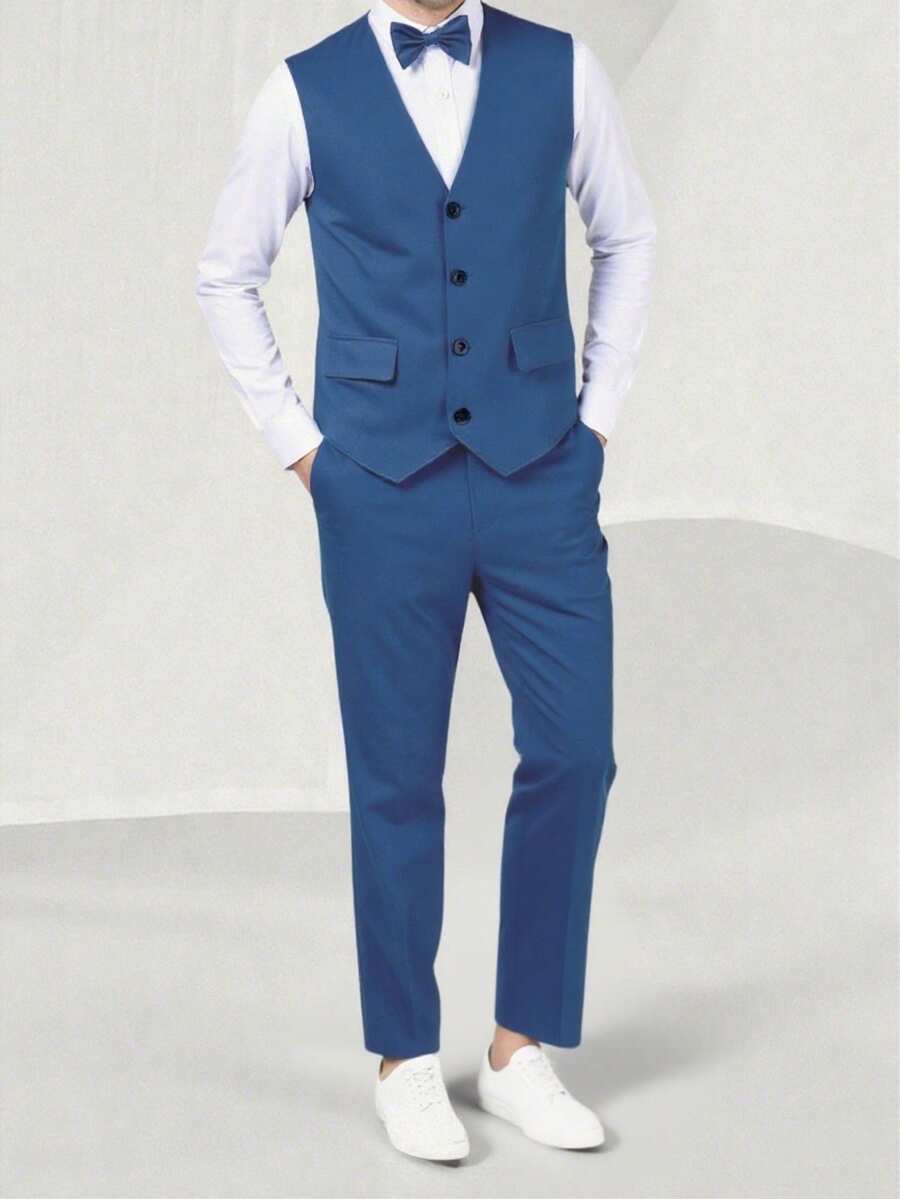 SHEIN 2 件青少年男孩绅士西装、背心 + 长裤,优雅服装,适合生日派对、婚礼、舞会、毕业典礼 - 藏蓝色 - 查看 1