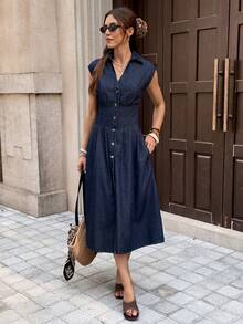 Serisse 女款夏季休閒前開扣領牛仔洋裝 夏季節慶服裝 通勤 度假 畢業 時尚 Y2k 可愛街頭風 Coquette 派對 婚禮 優雅 商務休閒 女士 商務 海灘 畢業 出遊 生日 - 藍色 - 查看 5