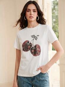 Anewsta Damen Rundhals Shirt mit Strass-Kirschprint, vielseitig tragbar für den täglichen Gebrauch, Kurzarm - Weiss - Übersicht 6