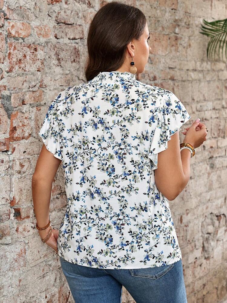 Plus Size Women Casual Vacation Floral Print Cap Sleeve Blouse