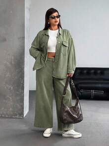 SHEIN ICON Plus Size Women Drop Shoulder Long Sleeve Single Breasted Casual Loose Denim Jacket - Army Green - View 3