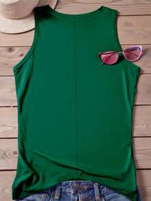 SHEIN LUNE Women's Plus Size Round Neck Tropical Print Letter Print Tank Top - Green - View 2