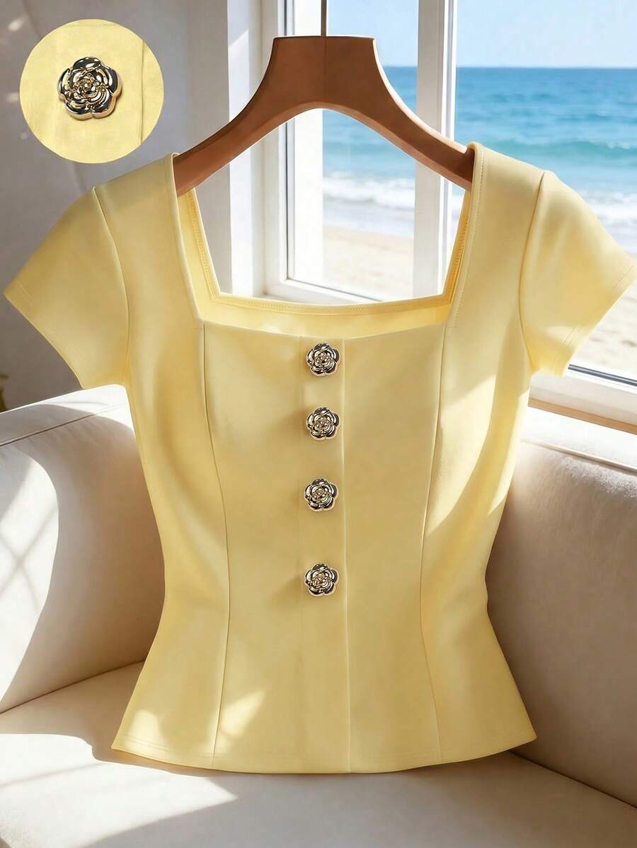 Franclia Women's Solid Color Square Neck Front Button Decorated Short Sleeve T-Shirt - Yellow - View 1