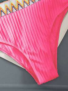 Swim Vcay Women's Vacation Beach Wave Pattern Colorblock Webbing Print Random Bandeau Top And Triangle Bikini Bottom Swimsuit Set - Hot Pink - View 3